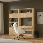 PLUTEUS - SHE001 Modern Light Oak Fluted Desk Hutch I Tall Storage Bookcase with Integrated Desk Surface